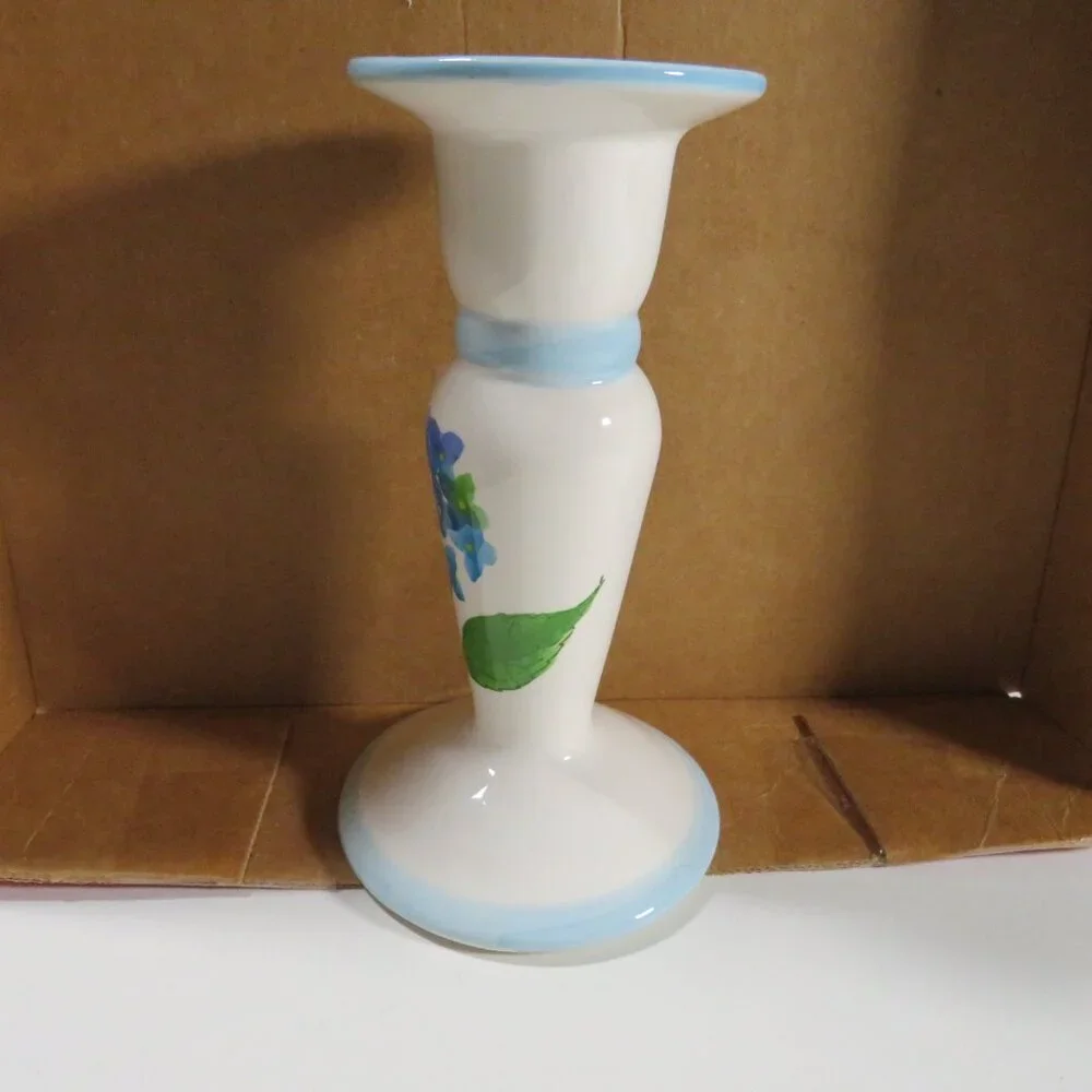 Hand painted Hibiscus Blue Flower Ceramic (1) Candlestick (one sided)